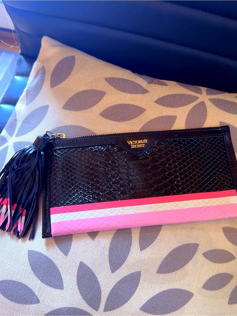 Victoria’s Secret Luxe Python Zip Clutch Wristlet Black Pink Tassel 9” EUC